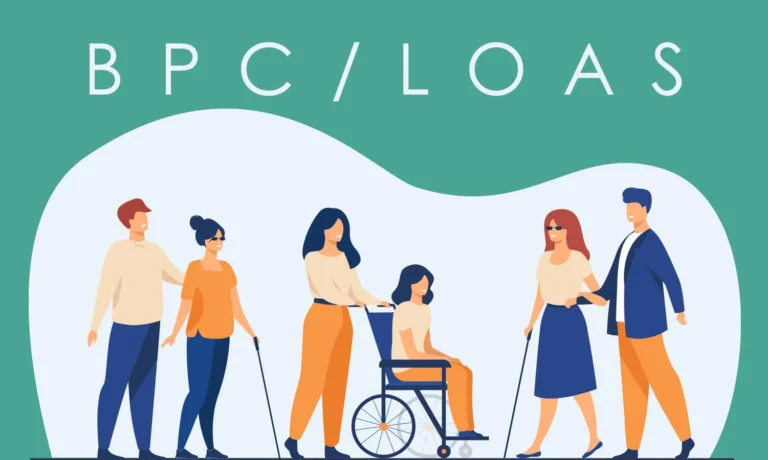 Ilustração de pessoas idosas e com deficiência em frente a logo BPC/LOAS