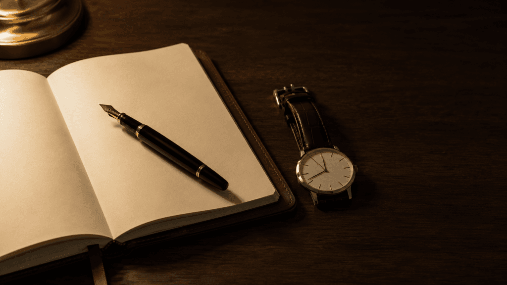 Caneta tinteiro sobre caderno aberto com relógio clássico ao lado — decisão do servidor de permanecer em atividade