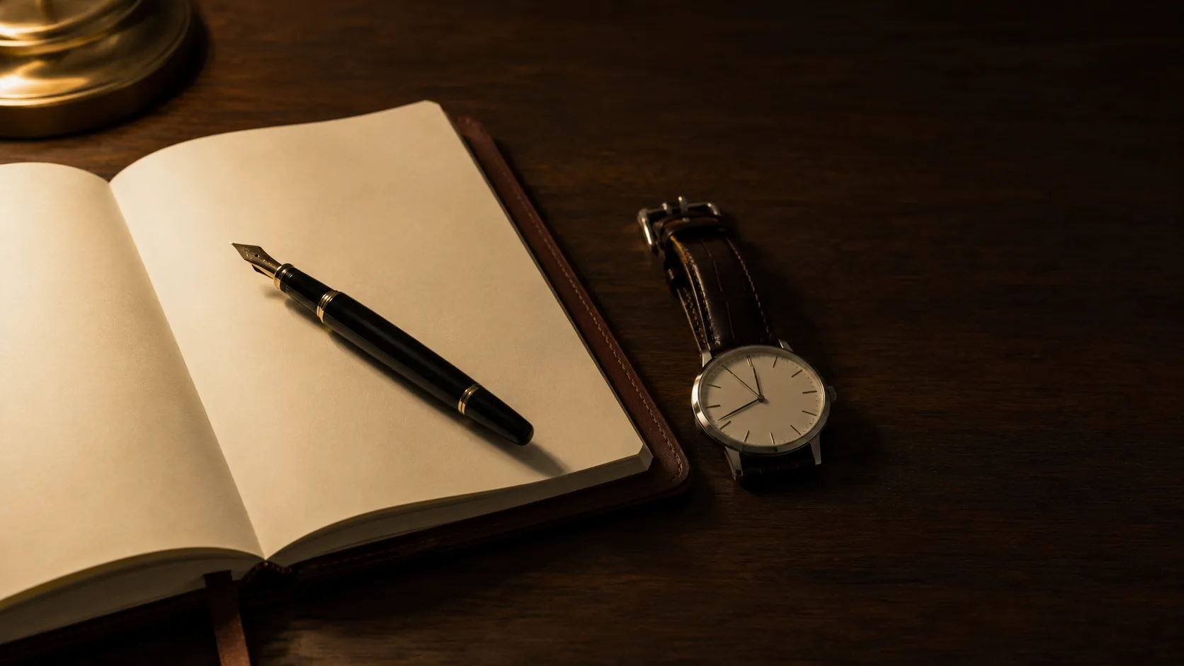 Caneta tinteiro sobre caderno aberto com relógio clássico ao lado — decisão do servidor de permanecer em atividade