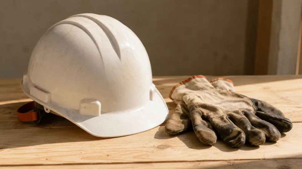 Capacete branco de construção e luvas de trabalho gastas — acidente de trabalho e direitos do trabalhador