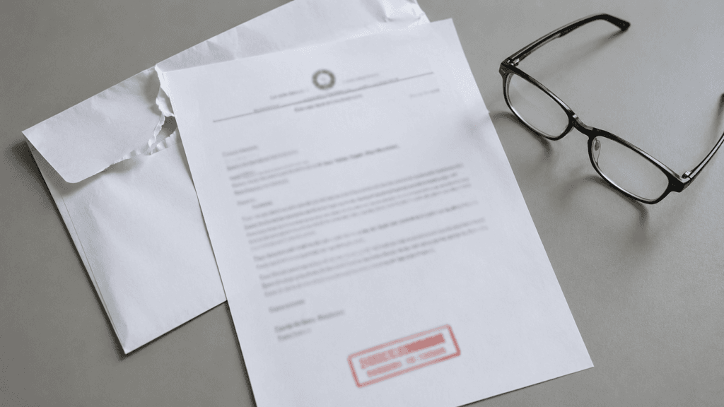 Carta administrativa com carimbo vermelho saindo de envelope branco — comunicação de indeferimento do INSS