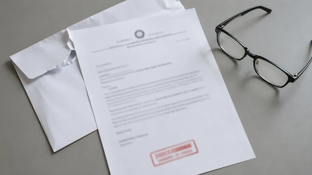 Carta administrativa com carimbo vermelho saindo de envelope branco — comunicação de indeferimento do INSS