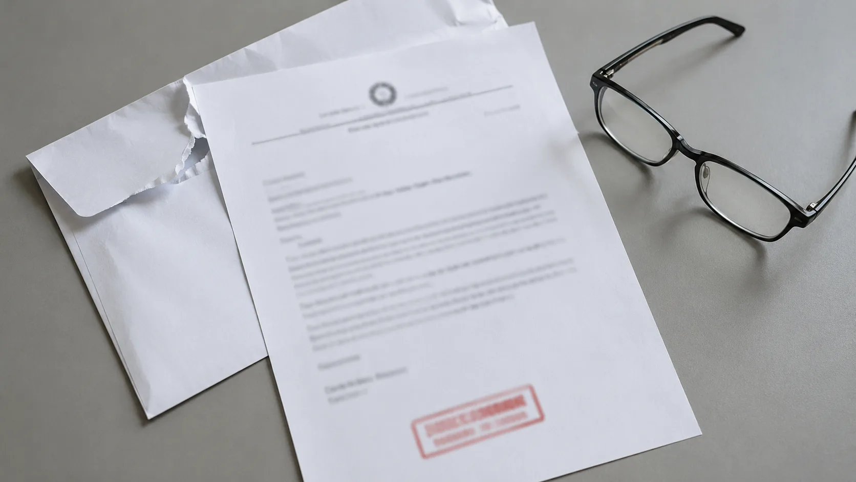 Carta administrativa com carimbo vermelho saindo de envelope branco — comunicação de indeferimento do INSS