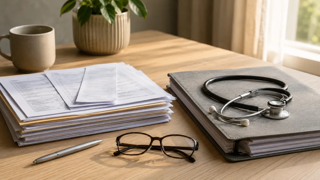Isenção de IR por doença grave — documentos fiscais e laudos médicos sobre mesa de madeira