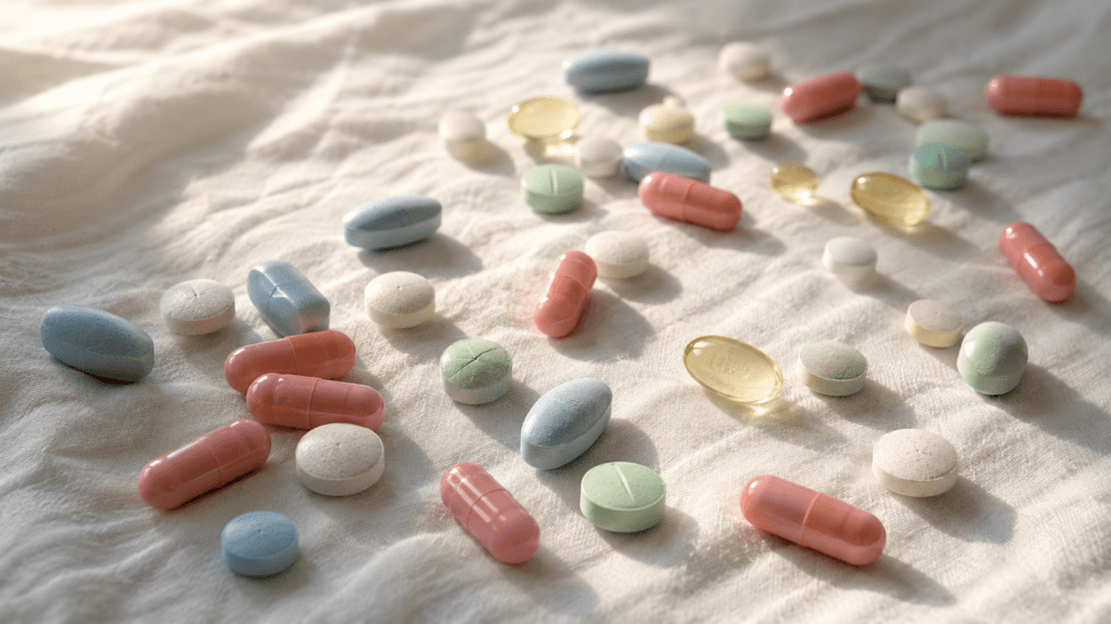 Comprimidos coloridos sobre tecido branco — plano de saúde e cobertura de medicamentos