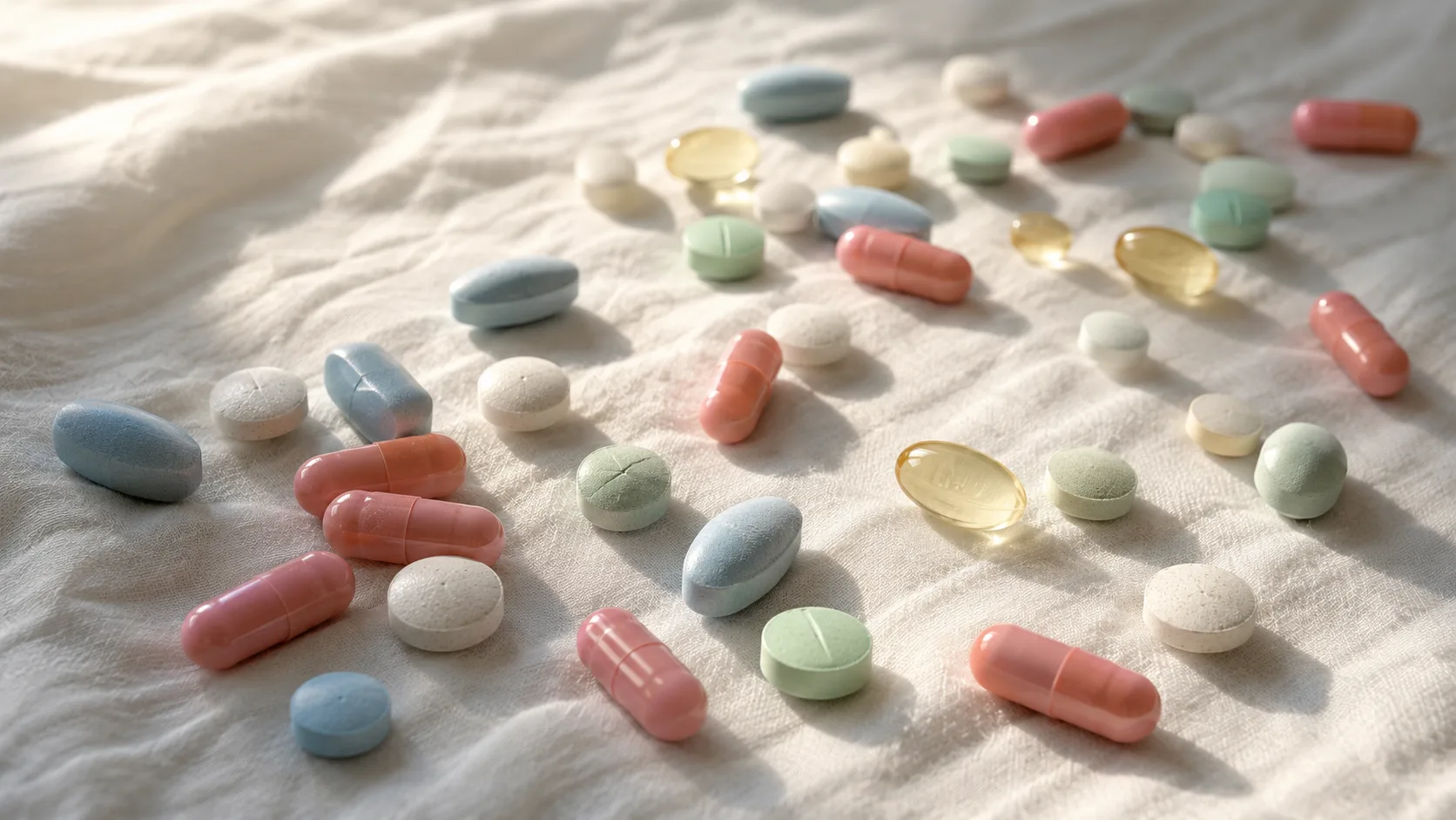 Comprimidos coloridos sobre tecido branco — plano de saúde e cobertura de medicamentos