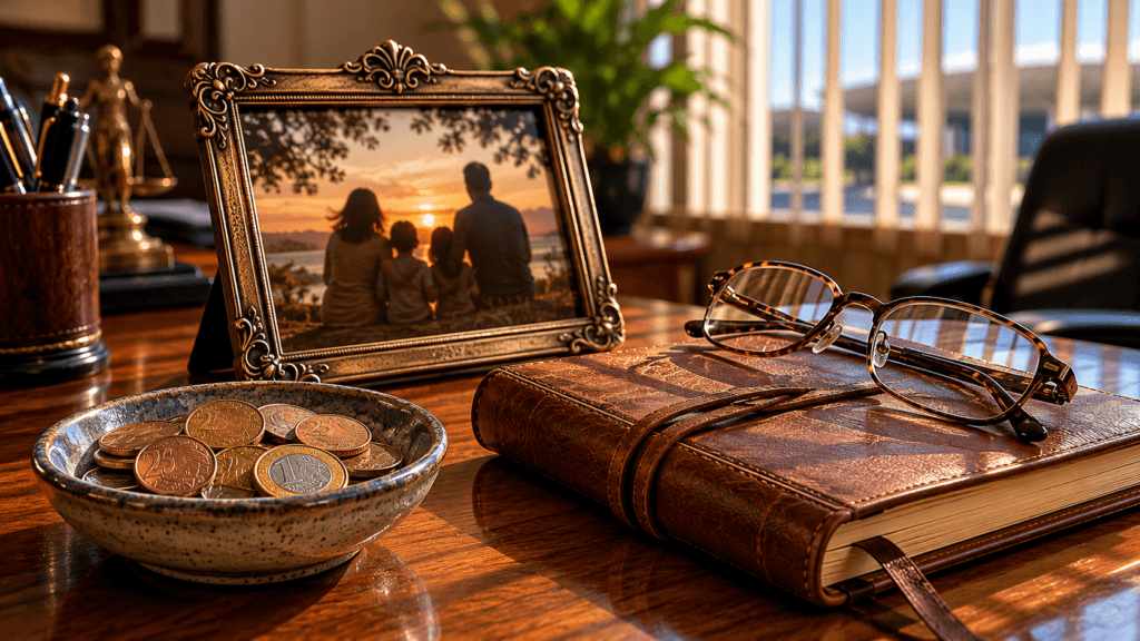 Foto emoldurada sobre mesa de escritório institucional — transição da vida funcional do servidor público