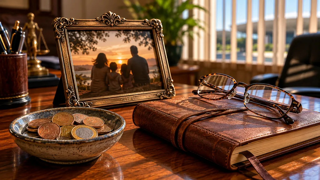 Foto emoldurada sobre mesa de escritório institucional — transição da vida funcional do servidor público